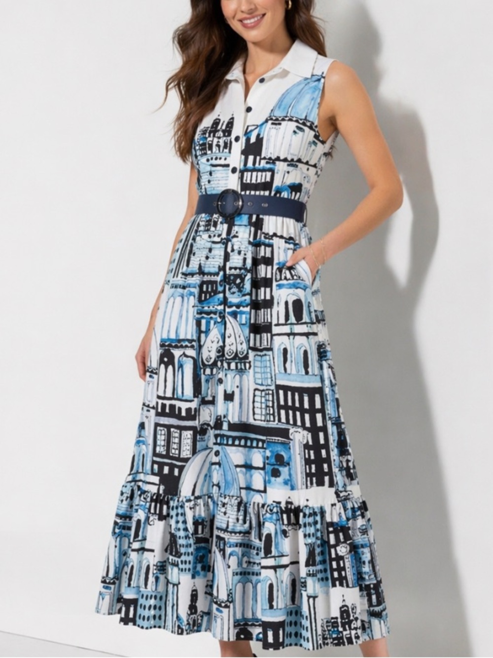 NewElie Tahari Sleeveless White Maxi Dress with Blue Black Cityscape Print size8